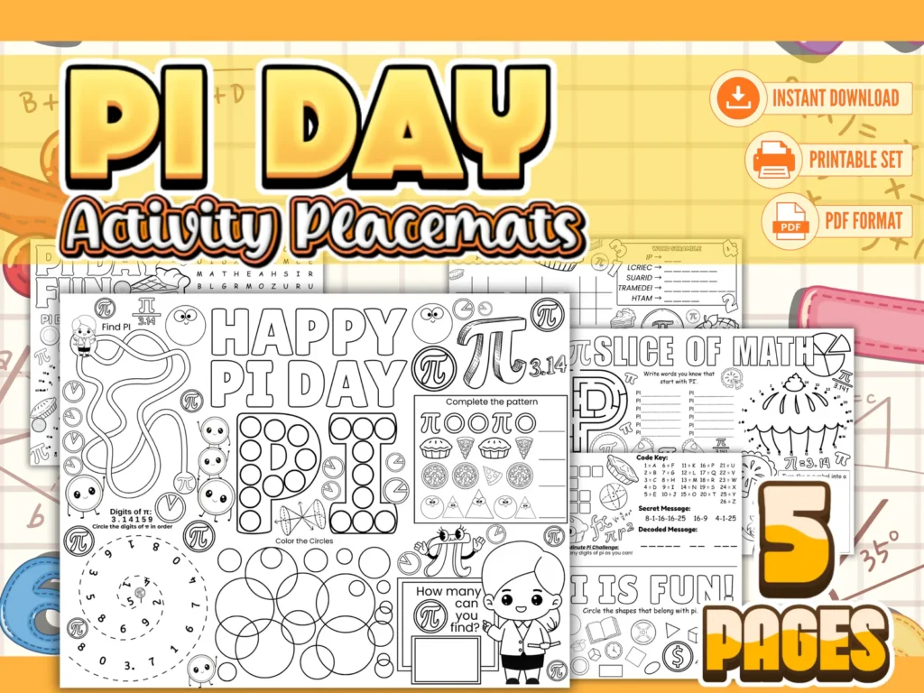 Pi Day Activity Placemats – Printable Math Activities for Kids (5 Pages)