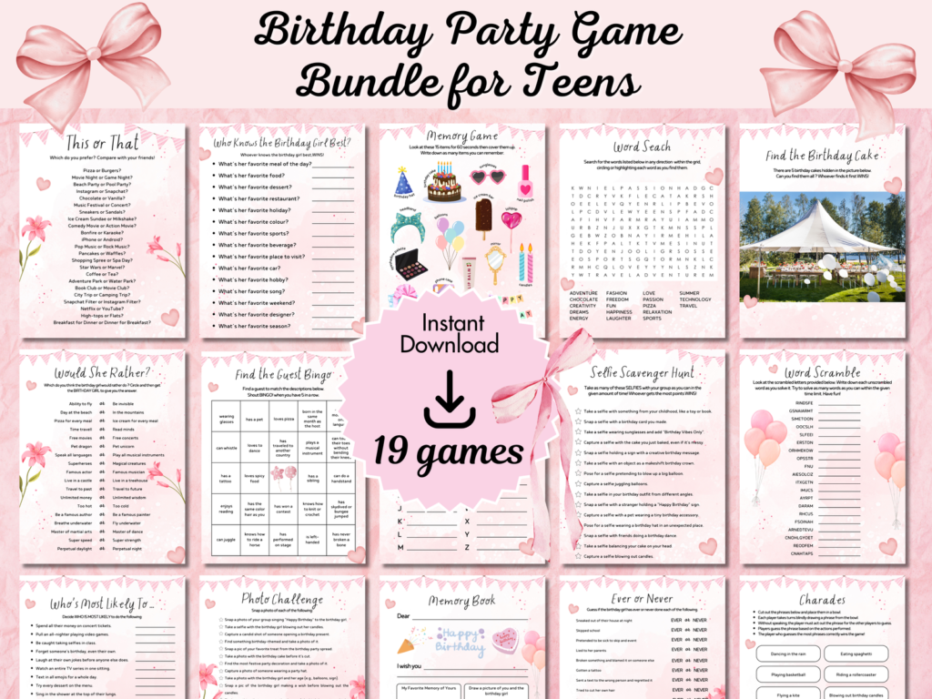 Birthday Party Game Bundle for Teens- Pink