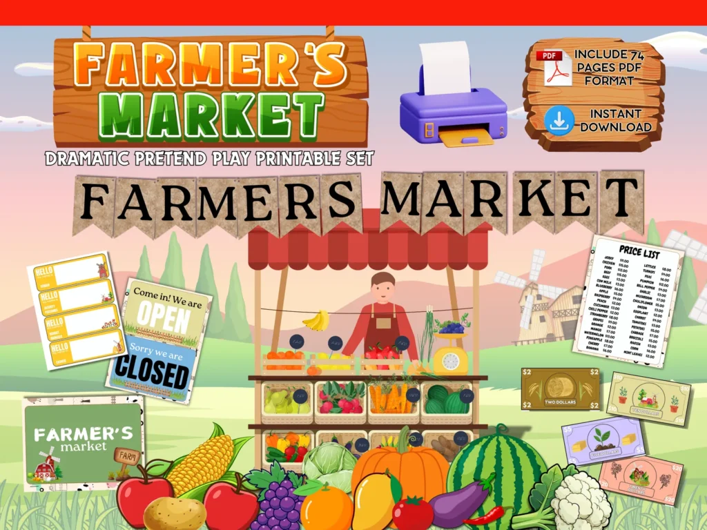 Farmer's Market Dramatic Play Printable Set | Pretend Play Classroom Center | Preschool Home Learning | Fruits & Vegetables Role Play | 74 Pages PDF