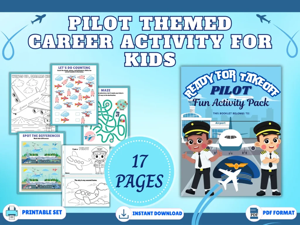 ✈️ Pilot-Themed Career Activity Pack for Kids | Printable PDF | 17 Pages of Aviation Fun
