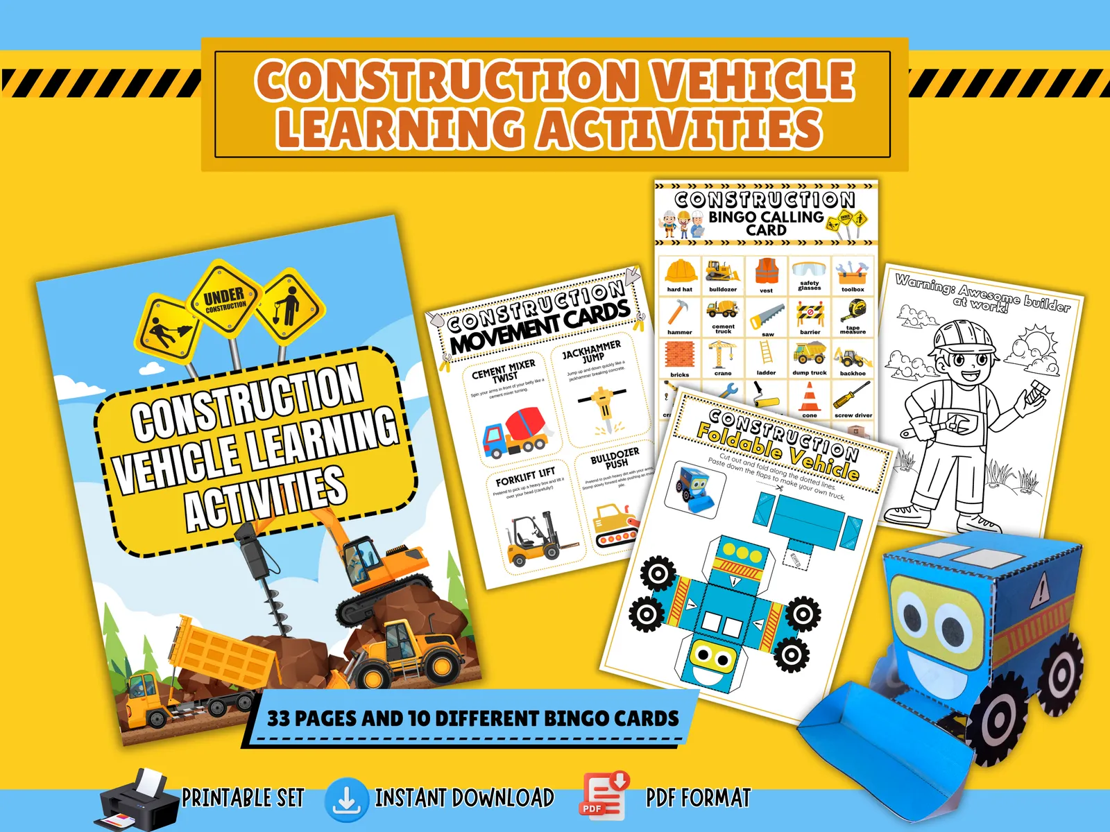 🚧 Construction Vehicle Learning Activities | 33-Page Printable Pack for Kids | Bingo, Coloring, Mazes & More