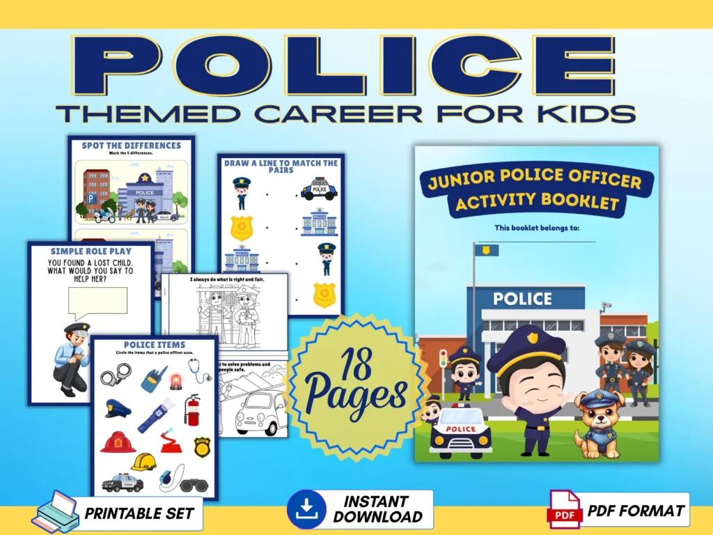 🚓 Police-Themed Career Activity Pack for Kids | 18 Printable Pages | Junior Officer Learning Fun