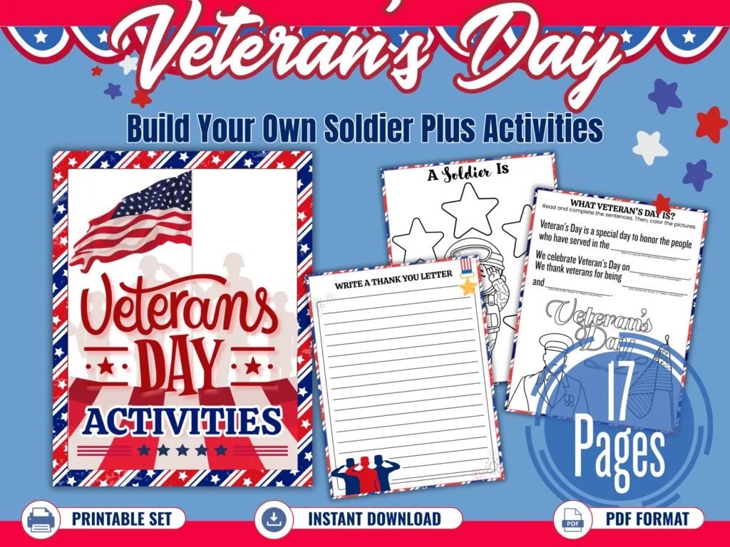 🇺🇸 Veterans Day Activities for Kids | Printable Classroom Worksheets & Soldier Craft
