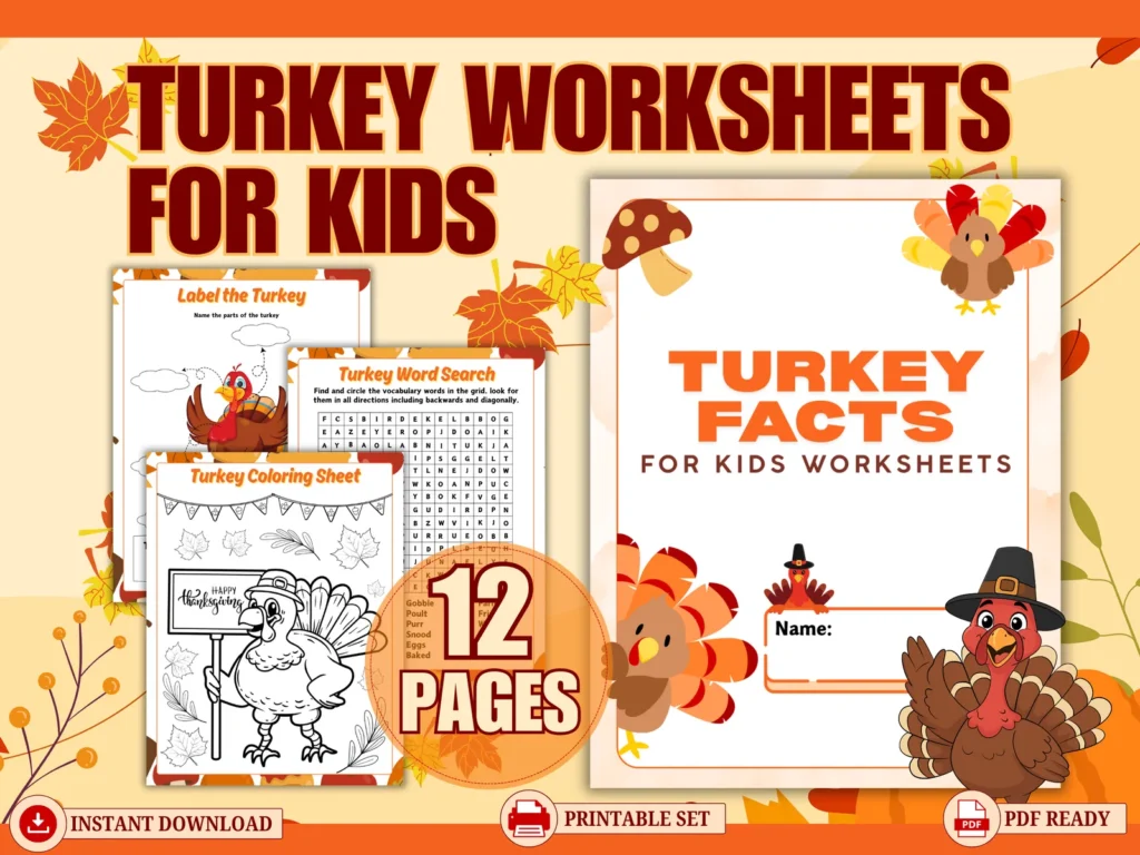 🦃 Turkey Facts & Worksheets for Kids – 12-Page Printable Activity Pack