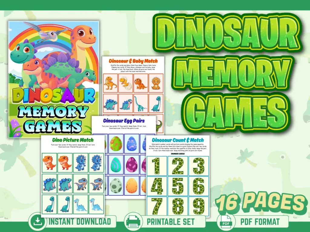 🦖 Dinosaur Memory Games Printable Pack