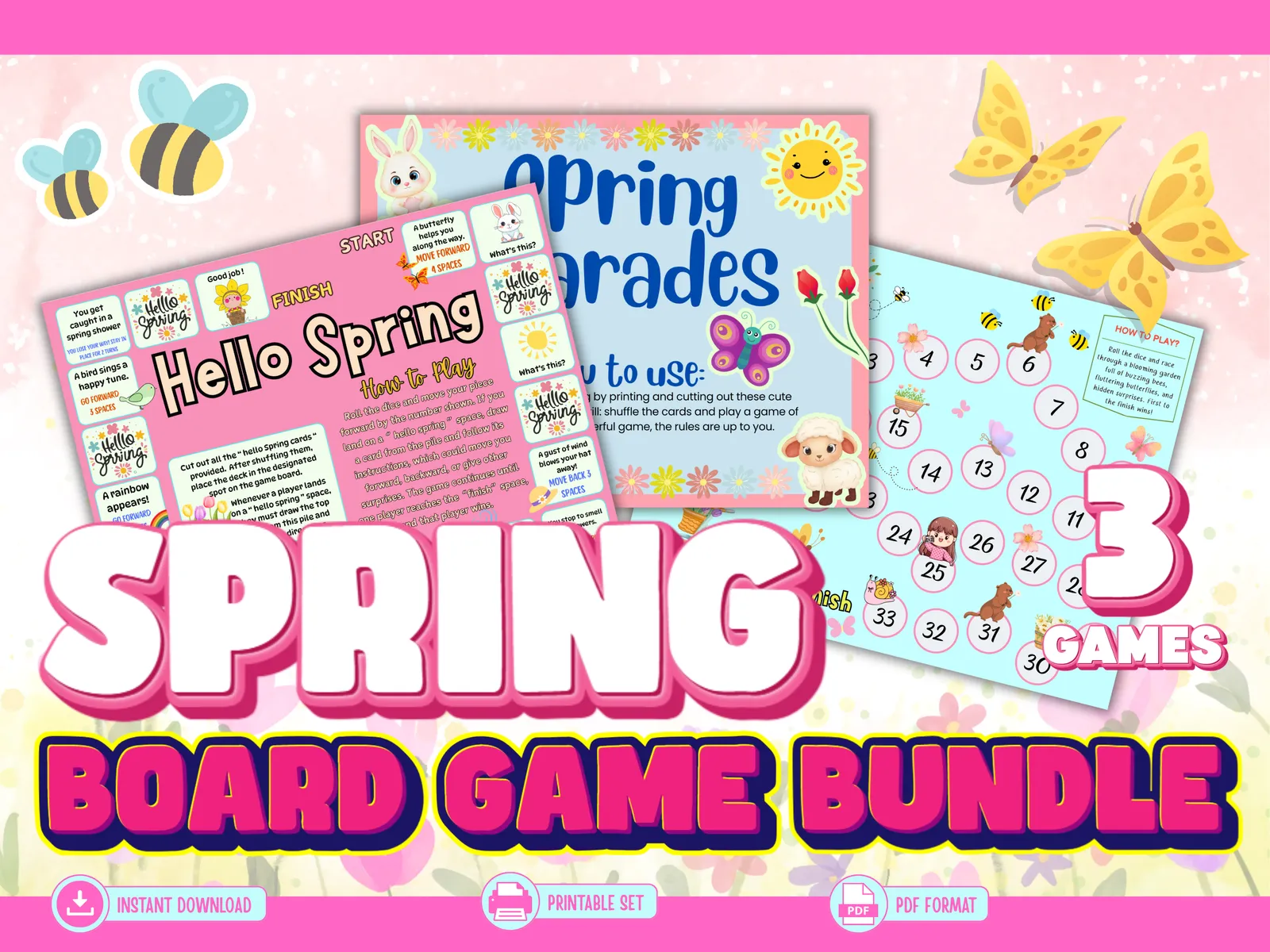 🌷 Spring Board Game Bundle – 3 Printable Kids Games