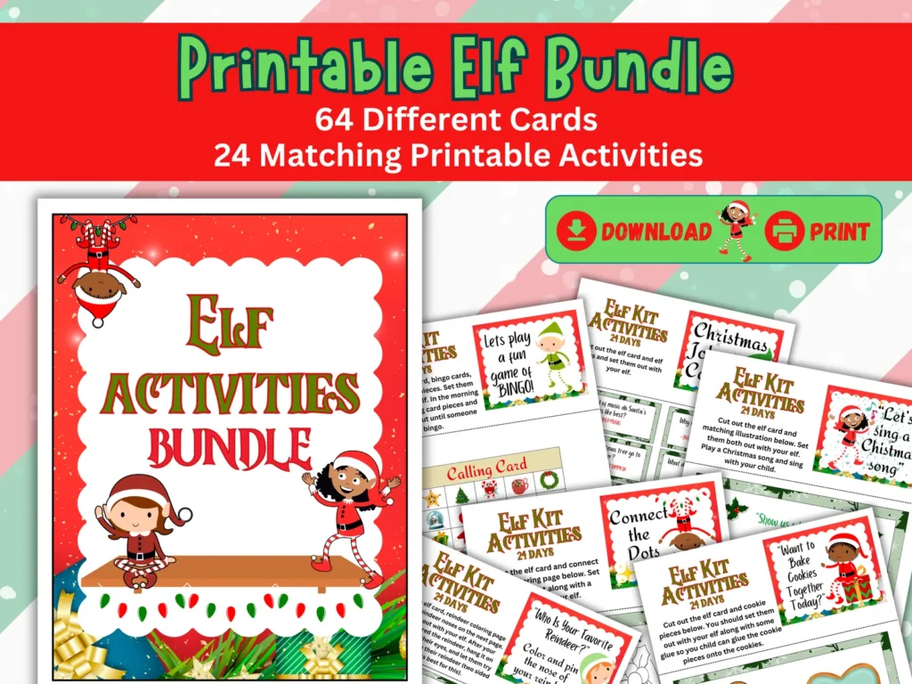 🎄 PRINTABLE ELF BUNDLE — 64 Cards + 24 Matching Activities | Instant Download