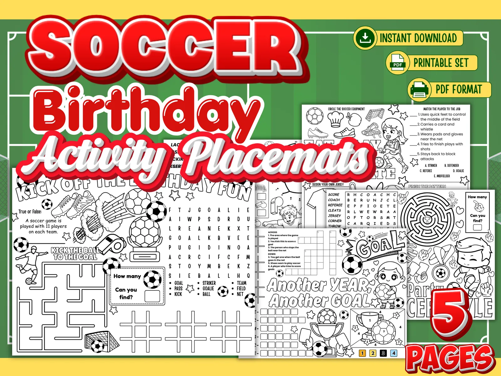 Soccer Birthday Activity Placemats β Printable Kids Party Games (5 Pages) - Image 3