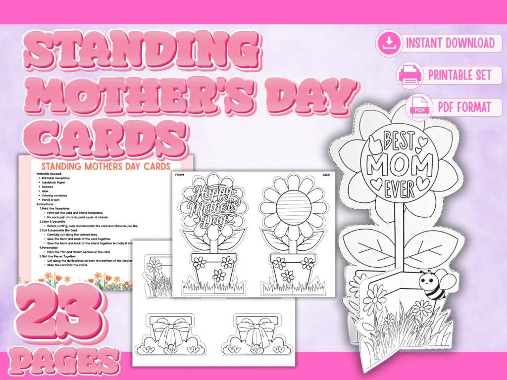 Standing Mother's Day Cards – Printable Flower Card Craft for Kids (23 Pages)