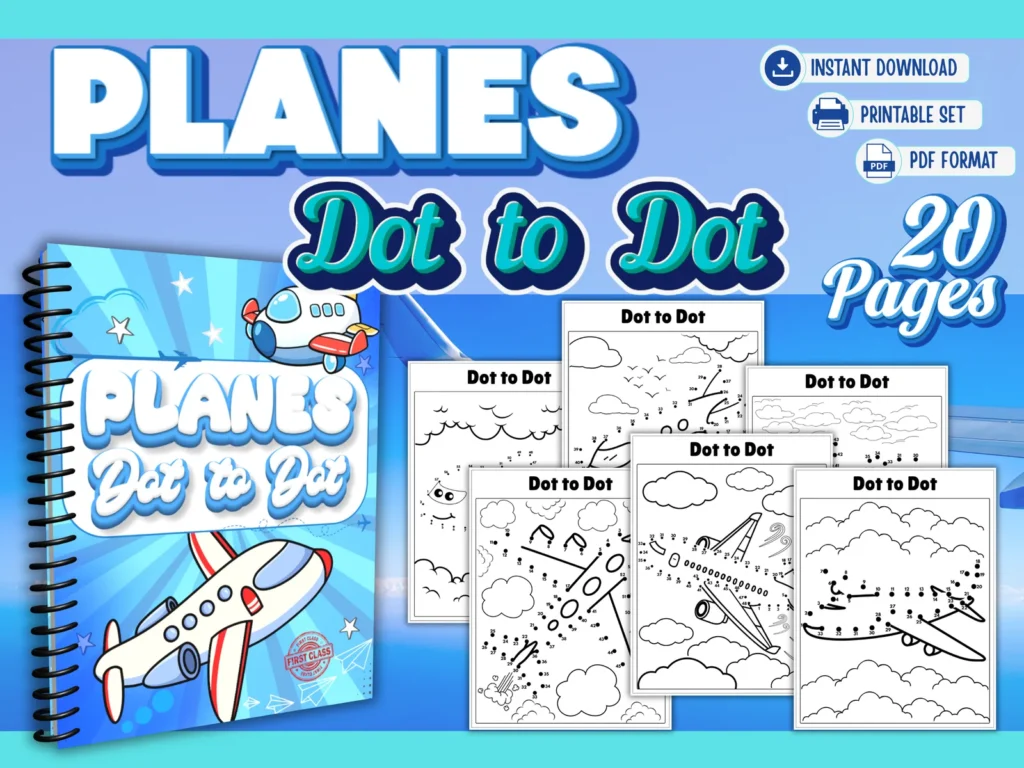 Planes Dot to Dot Printable – Kids Airplane Activity Pages (20 Pages)