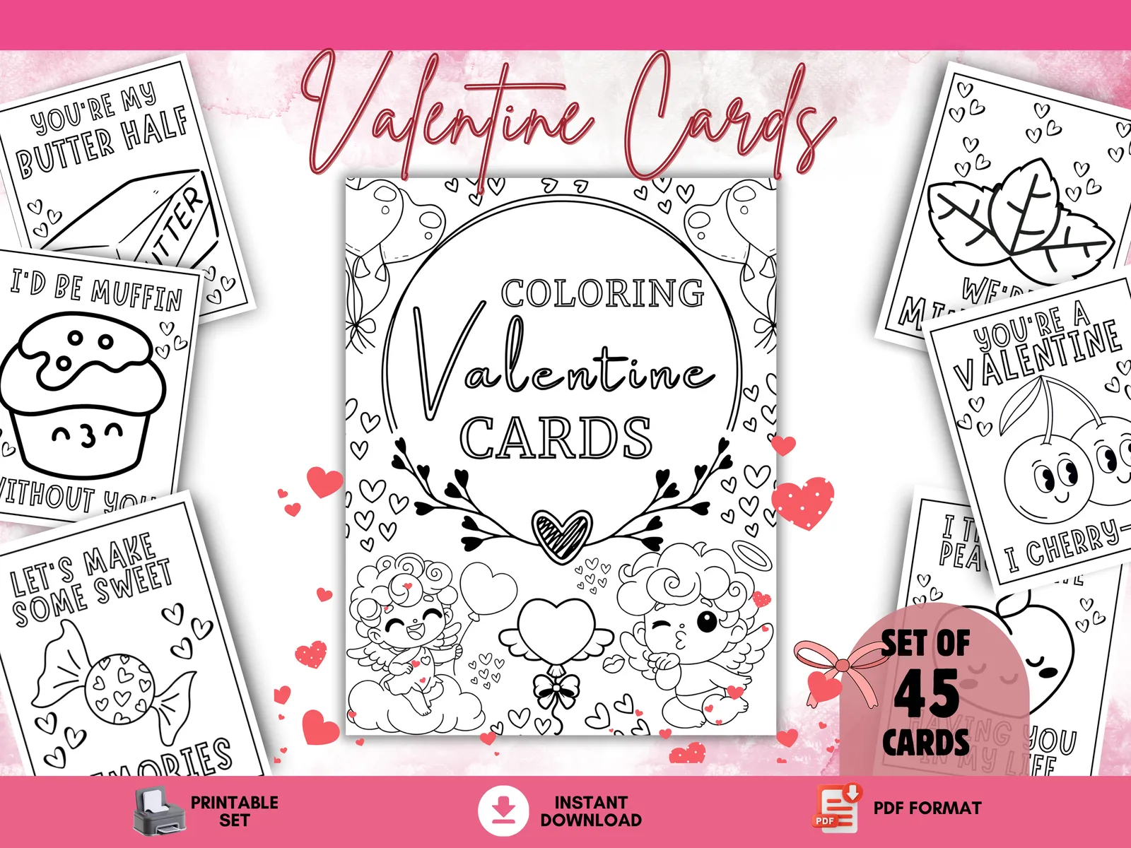 Coloring Valentine Cards for Kids – Printable Valentine's Day Cards (Set of 45)