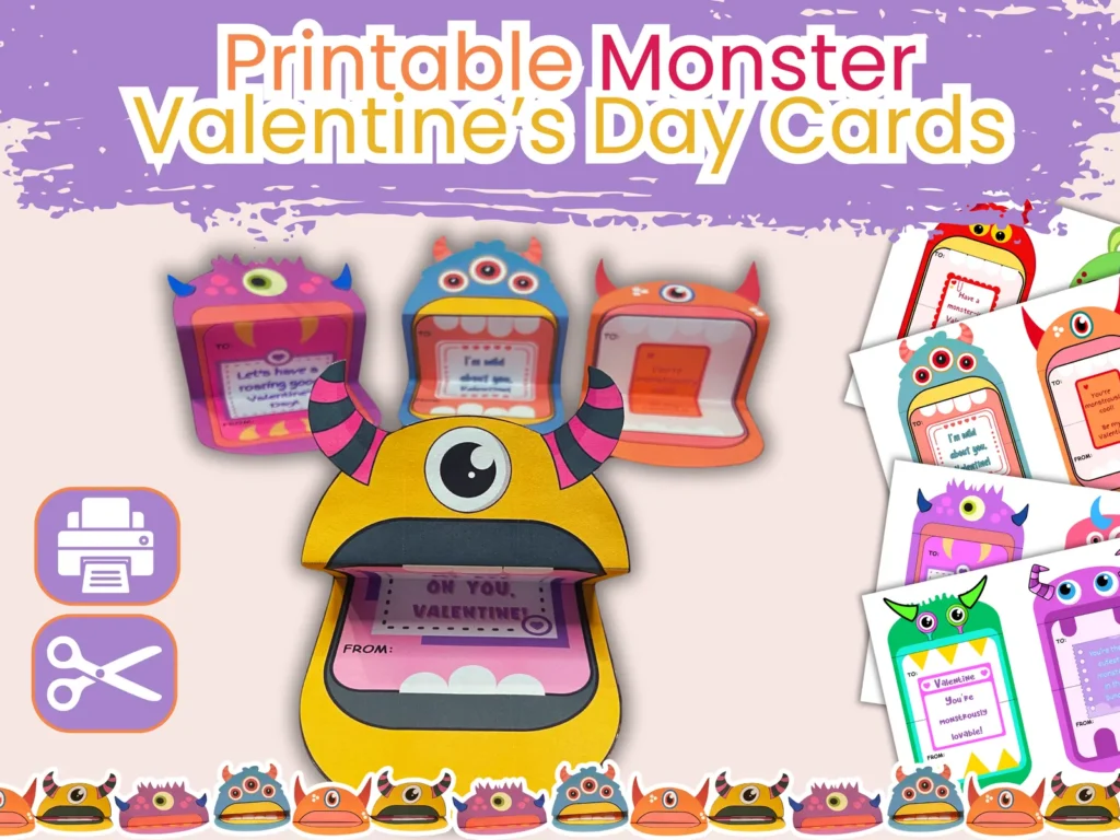 Printable Monster Valentine's Day Cards – Cute Monster Valentines for Kids (10 Cards)