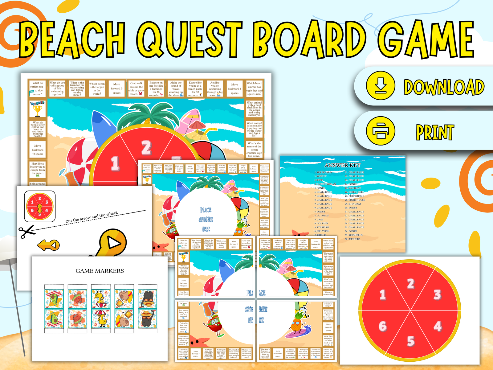 Beach Quest Board Game – Printable Summer Party Game for Kids & Families