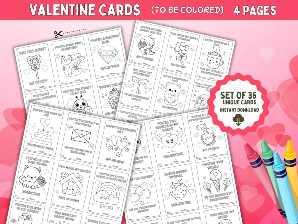 Valentine Cards to Color – Printable Kids Valentine Cards (36 Designs)