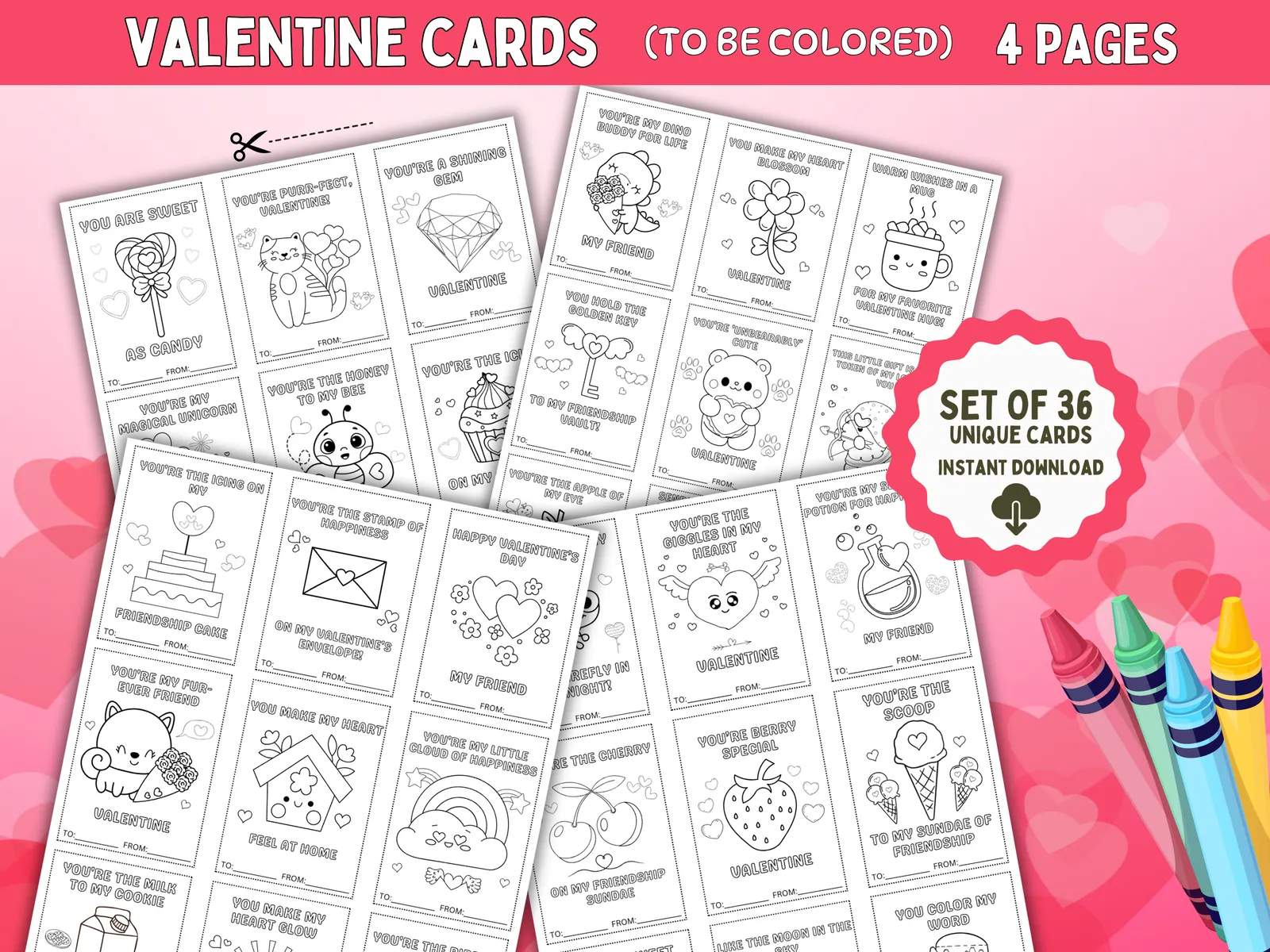 Valentine Cards to Color – Printable Kids Valentine Cards (36 Designs)