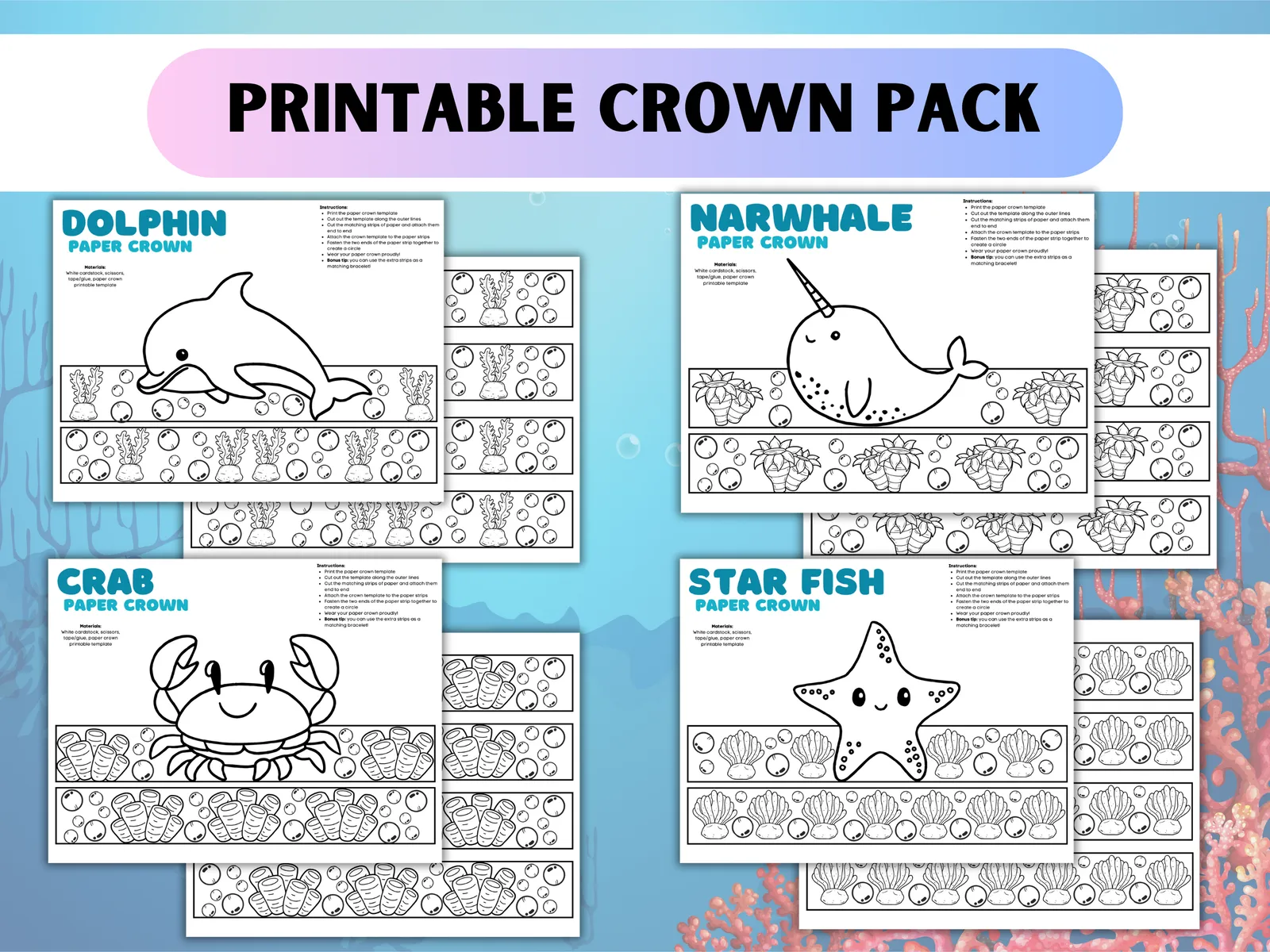 Under the Sea Printable Crown Pack – Ocean Animal Paper Crowns for Kids (10 Crafts) - Image 2