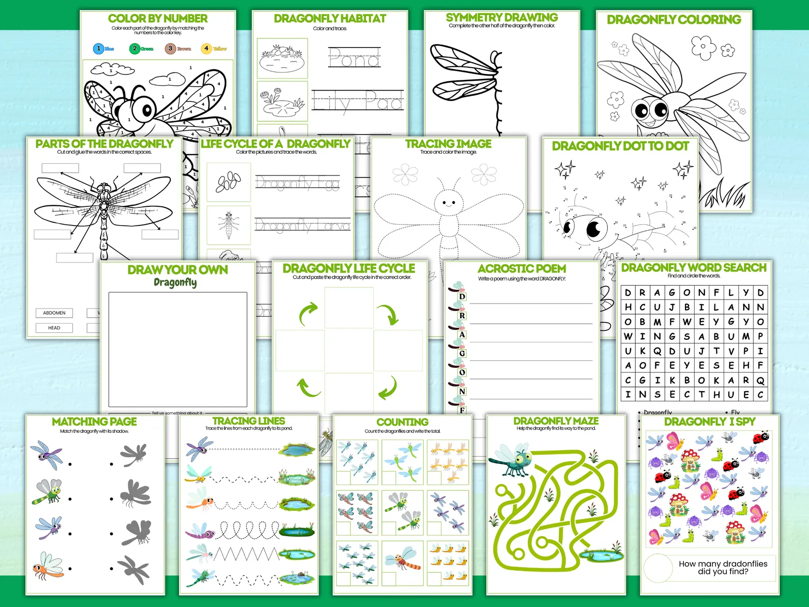 Dragonfly Activity Bundle – 20 Printable Worksheets for Kids - Image 2