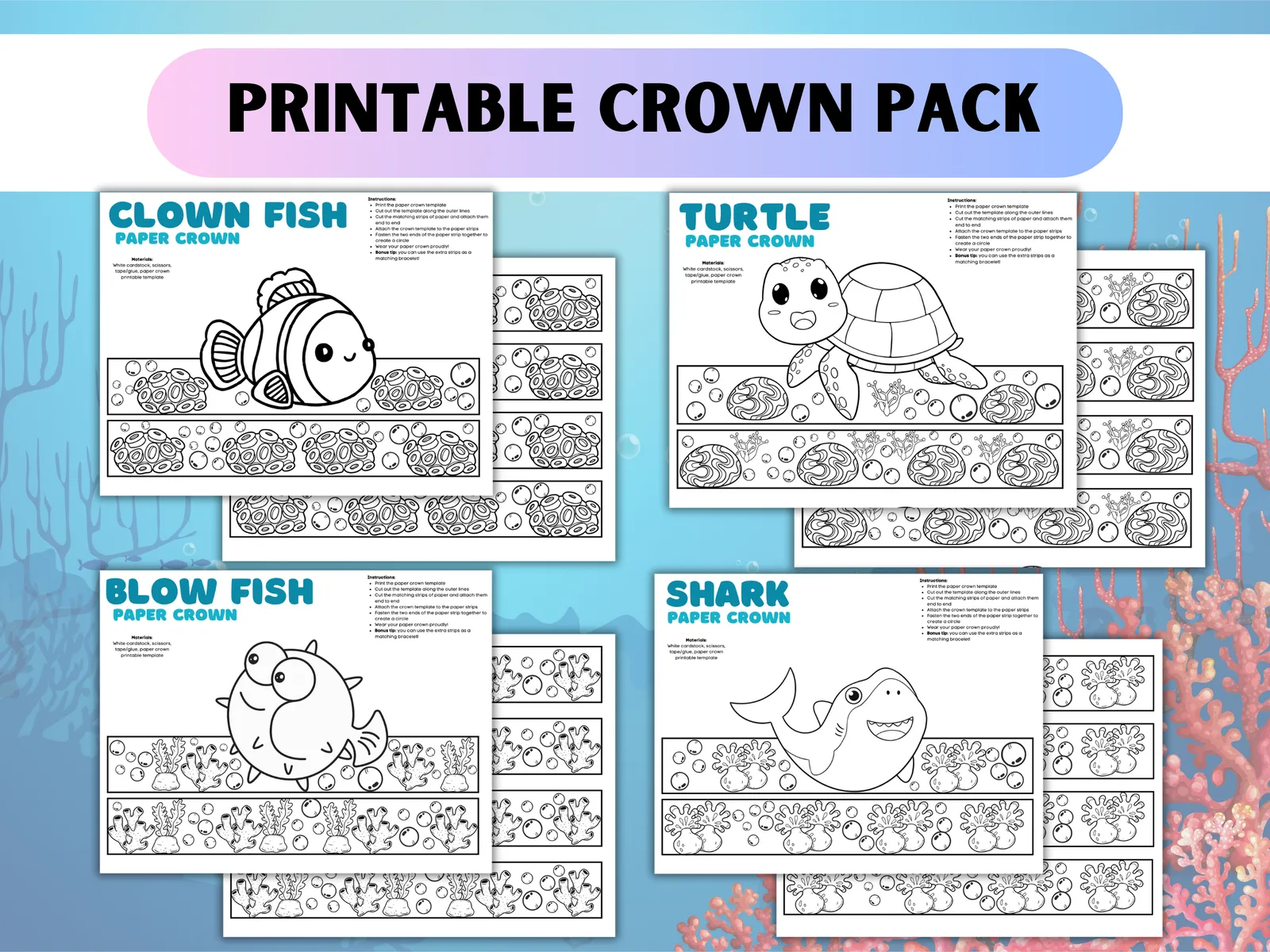 Under the Sea Printable Crown Pack – Ocean Animal Paper Crowns for Kids (10 Crafts) - Image 3