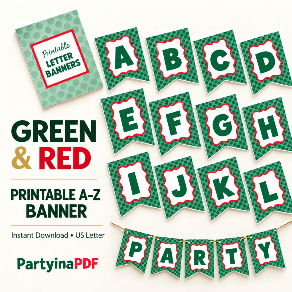 Party Banner — Green & Red Printable A-Z Letters