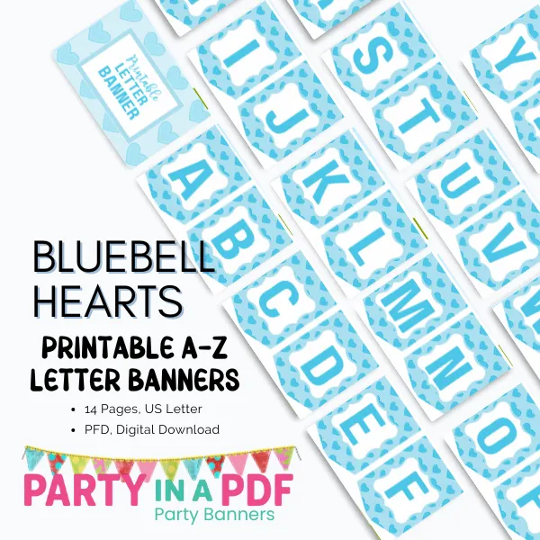 💙 Bluebell Hearts Banner — Printable A–Z Blue Heart Letters
