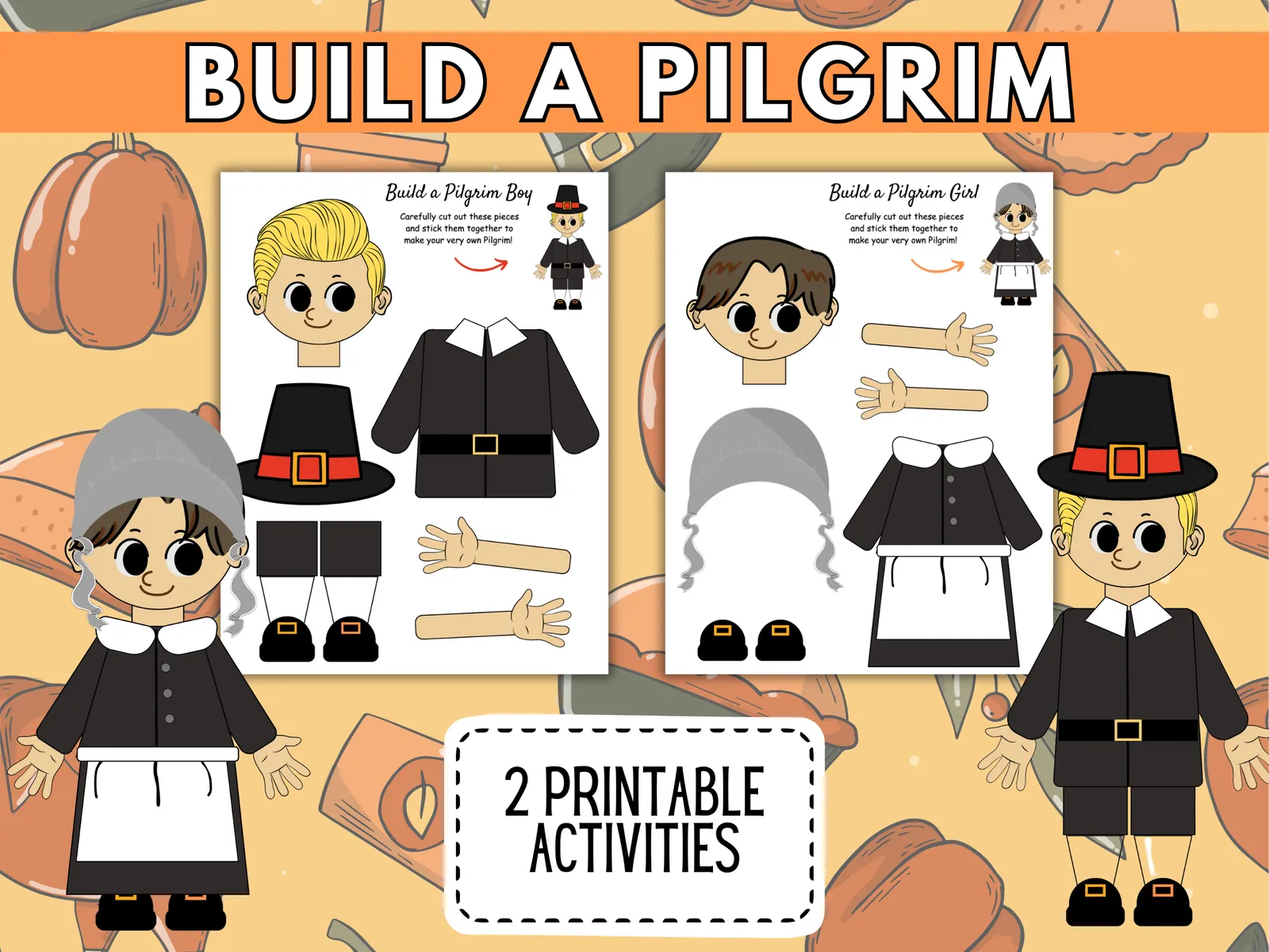 Print A Pal: Build-A-Pilgrim Printable Craft – Boy & Girl Cut-and-Assemble Activity (2 Pages)
