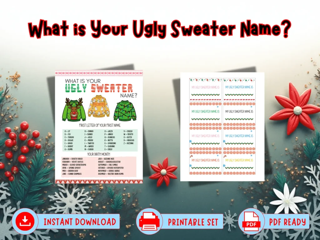 🎄 What Is Your Ugly Sweater Name? – Holiday Party Game + Name Tags (Printable Set)