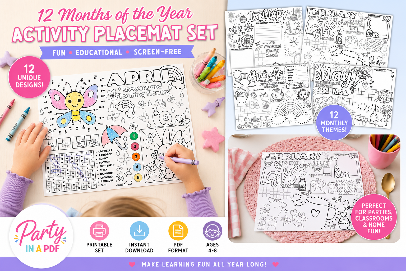 ๐ 12 Months of the Year Activity Placemat Set