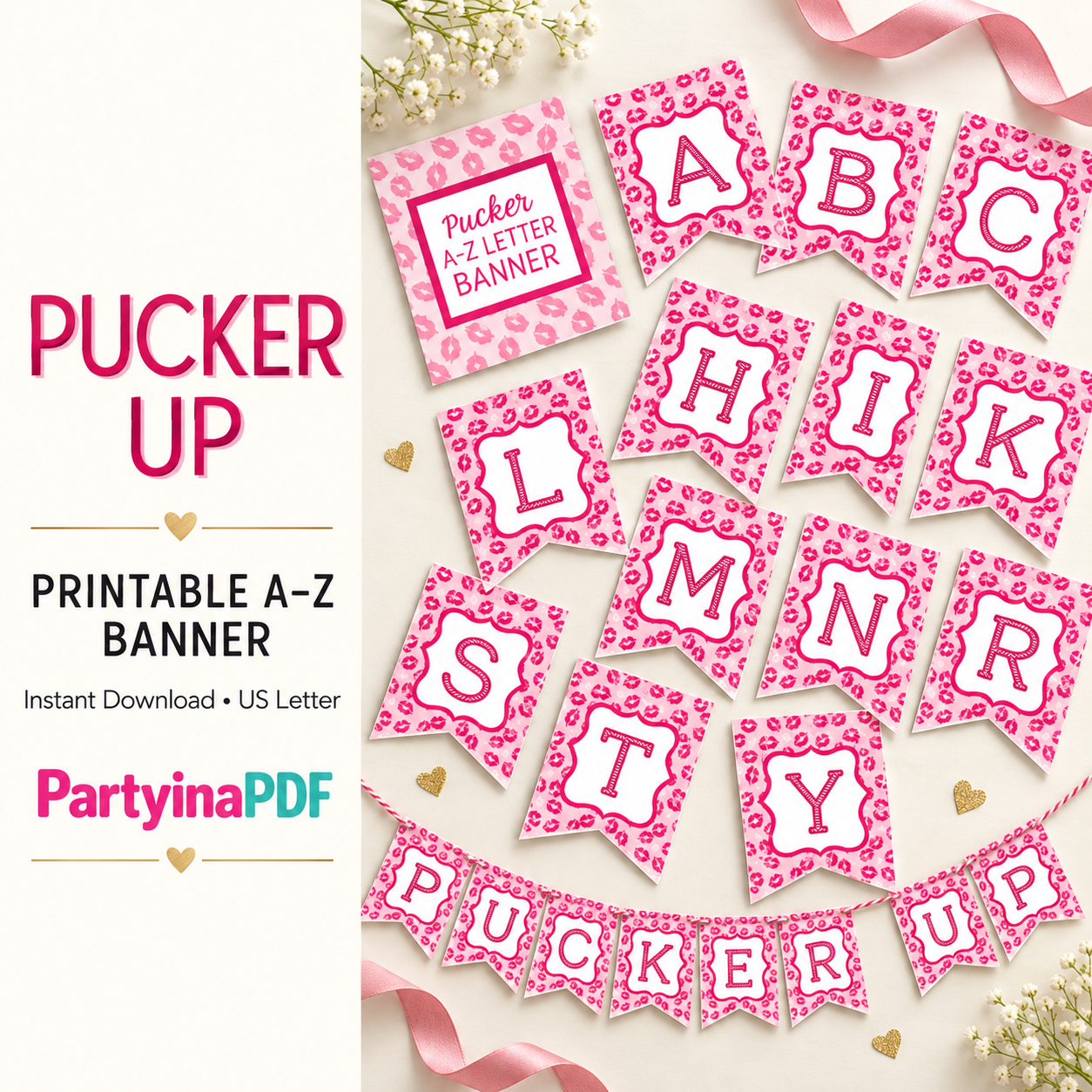 ✨ Pucker Up Party Banner — Pink Lips A-Z Letters