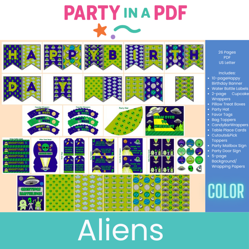 👽 Alien Birthday Party Printable Pack | Full Color | Space Party Decorations | Party in a PDF