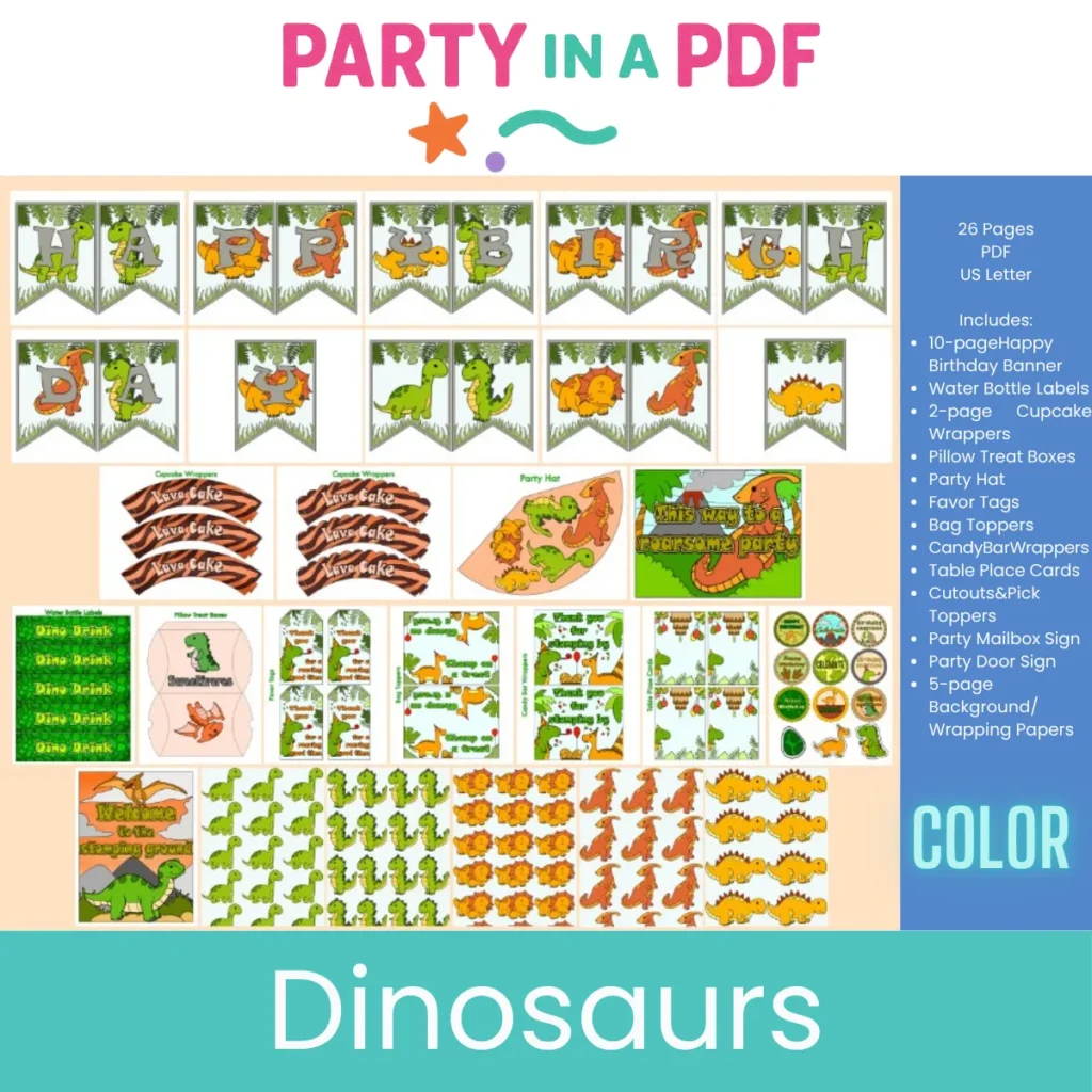 🦖 Dinosaur Birthday Party Pack | Full Color Printable Decorations | Party in a PDF