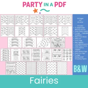 Fairies Birthday Party Pack — Black & White