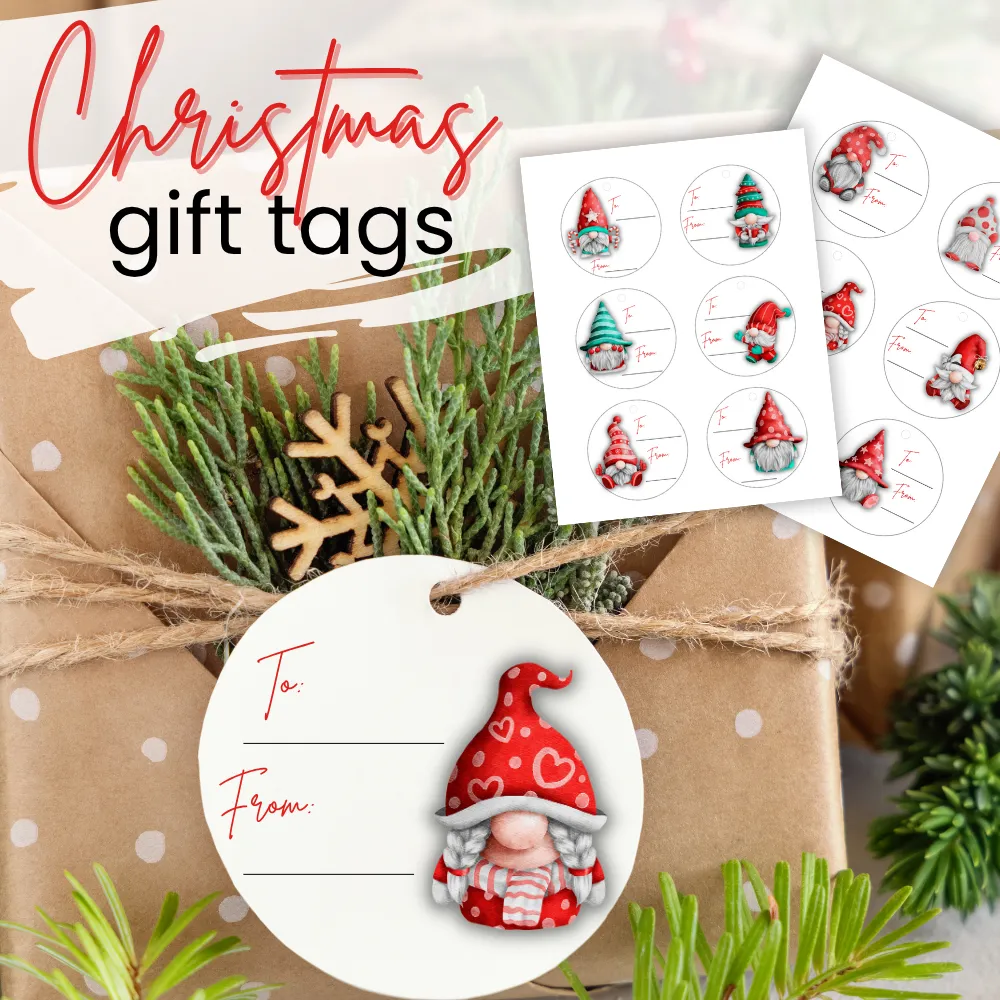 🎄 Christmas Gnome Gift Tags – Printable PDF