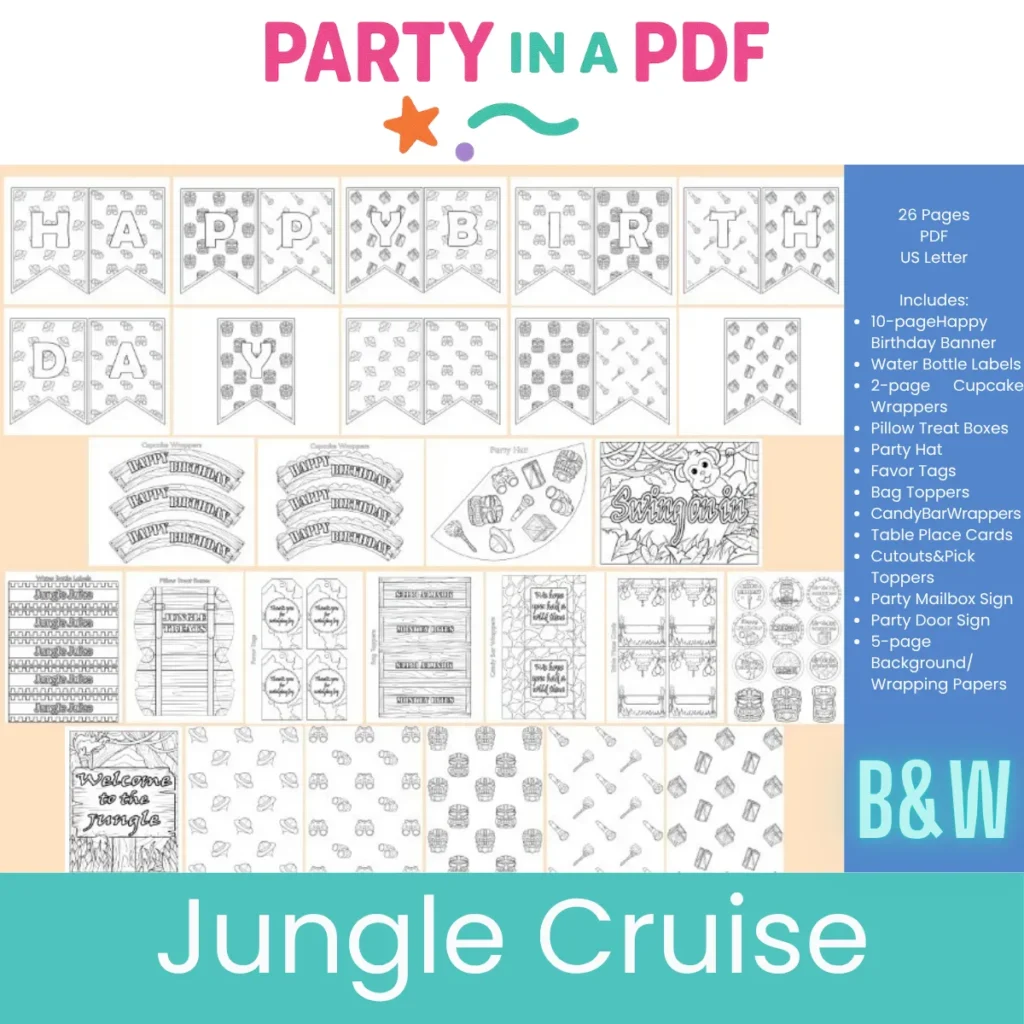 🐘 Jungle Cruise Birthday Party Pack | Black & White Coloring Edition | Party in a PDF