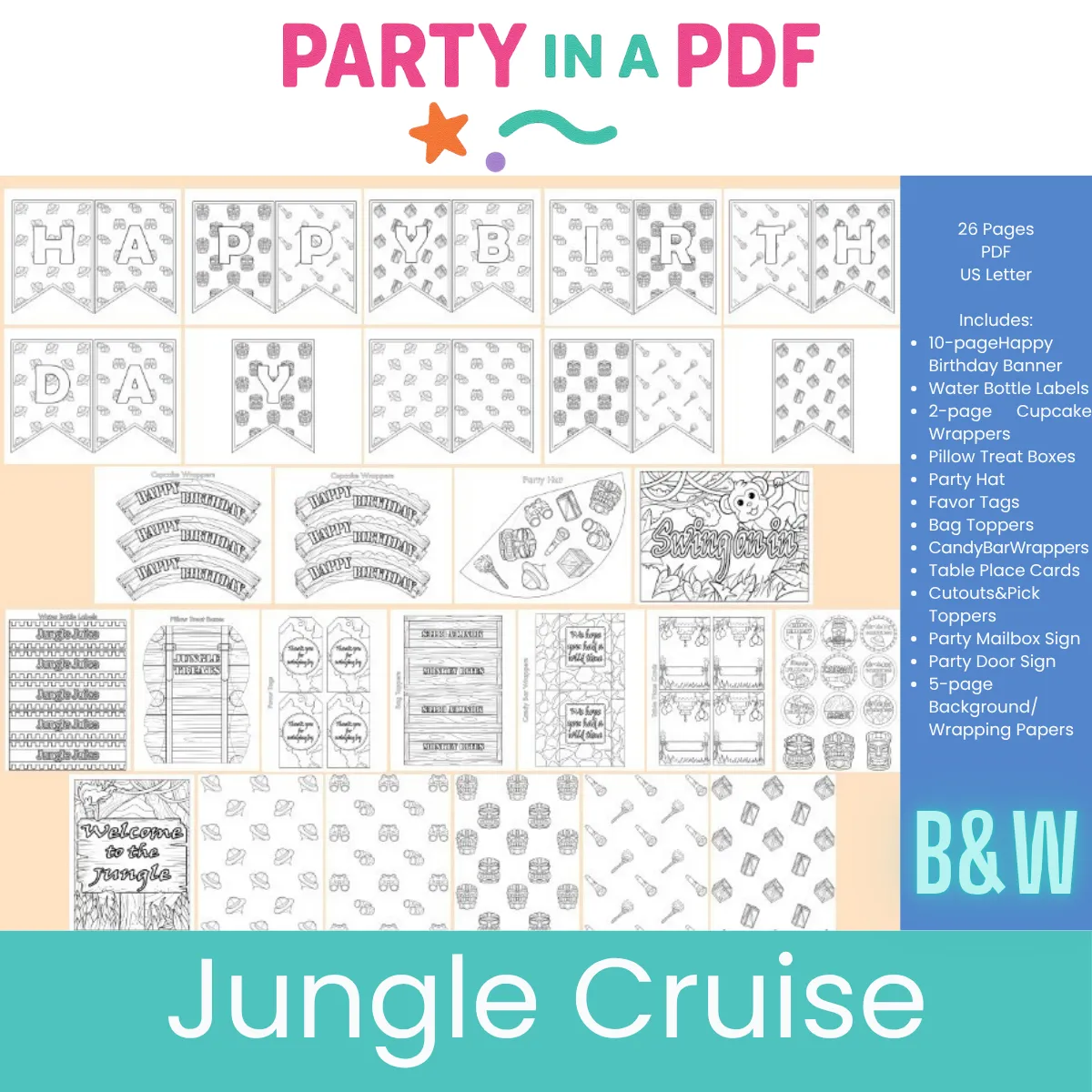 🐘 Jungle Cruise Birthday Party Pack | Black & White Coloring Edition | Party in a PDF