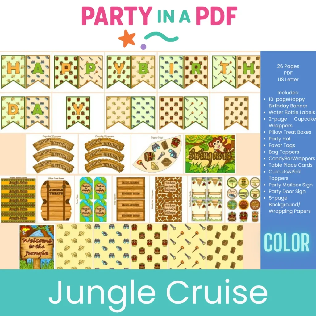 🌴 Jungle Cruise Mega Birthday Party Pack | Full Color + Black & White Coloring Editions | Party in a PDF