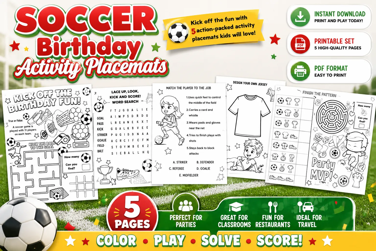 Soccer Birthday Activity Placemats β Printable Kids Party Games (5 Pages) - Image 2