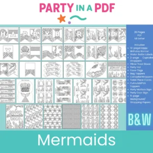 Mermaid Birthday Party Pack — Black & White