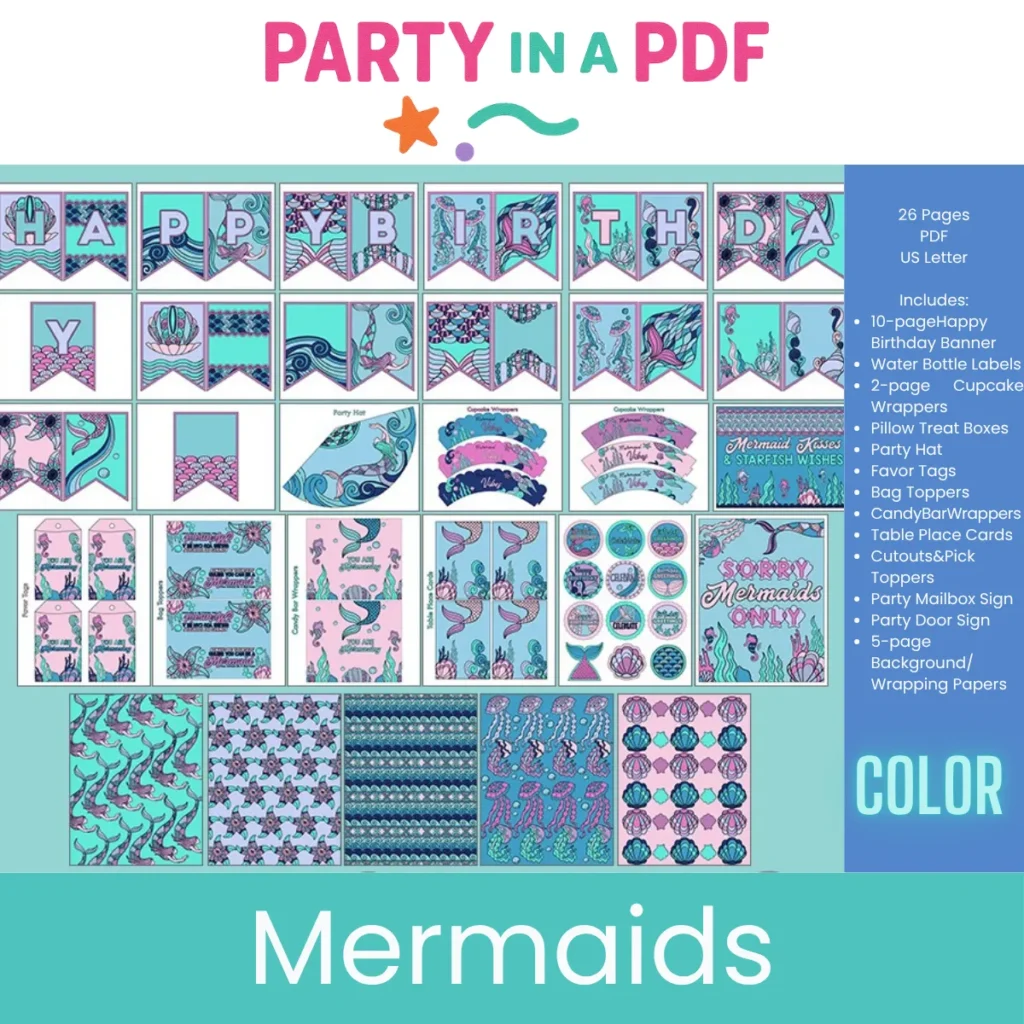 🐚 Mermaid Birthday Party Pack | Full Color Printable Decorations | Party in a PDF
