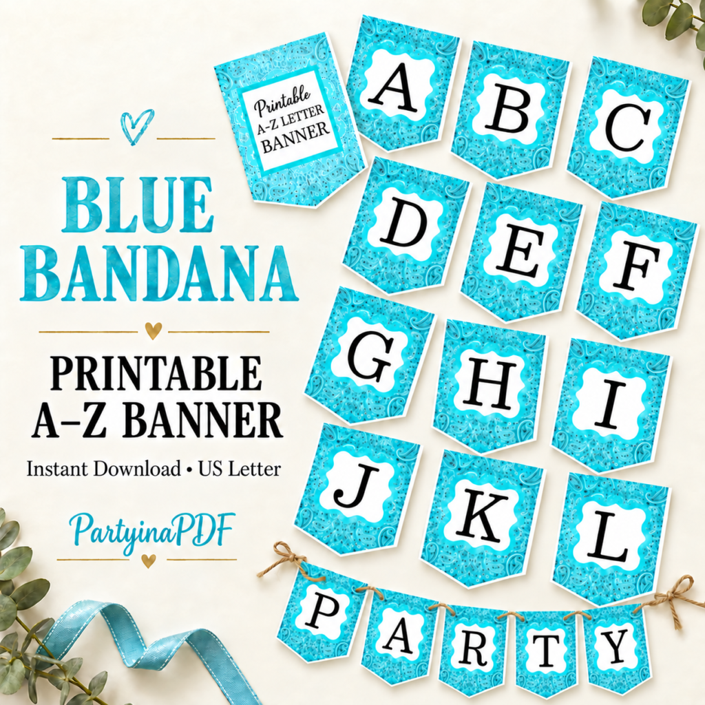 Blue Bandana Bash Banner — Printable A–Z Western Party Banner