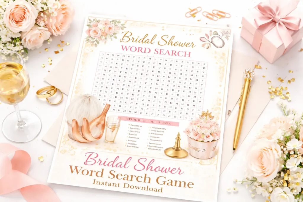 Bridal Shower Word Search Printable – Elegant Wedding Shower Game, Instant Download Activity