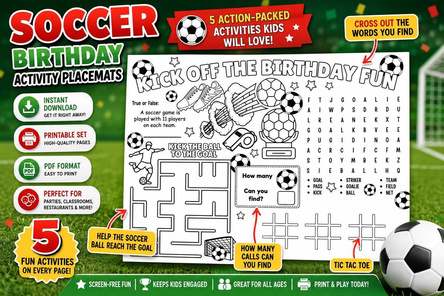 Soccer Birthday Activity Placemats β Printable Kids Party Games (5 Pages)