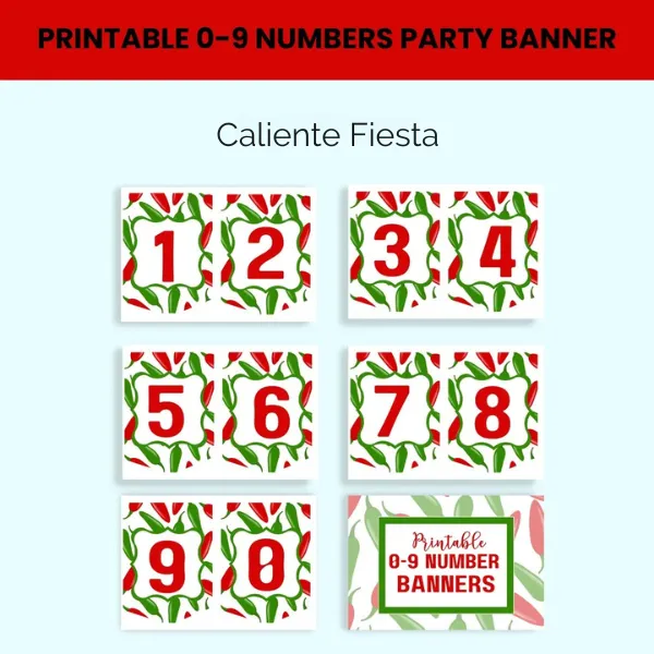 🌶️ Caliente Fiesta Numbers Banner — Printable Red Chili Pepper Number Banners (0–9)