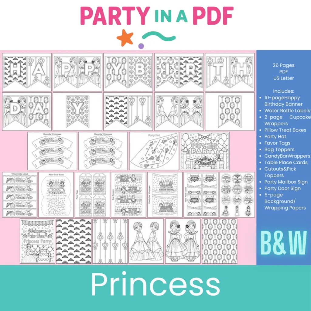 👑 Princess Birthday Party Pack | Black & White Coloring Edition | Party in a PDF