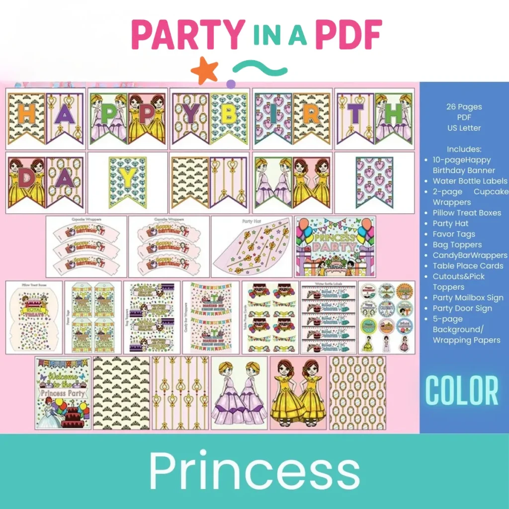 👑 Princess Birthday Party Pack | Full Color Printable Decorations | Party in a PDF
