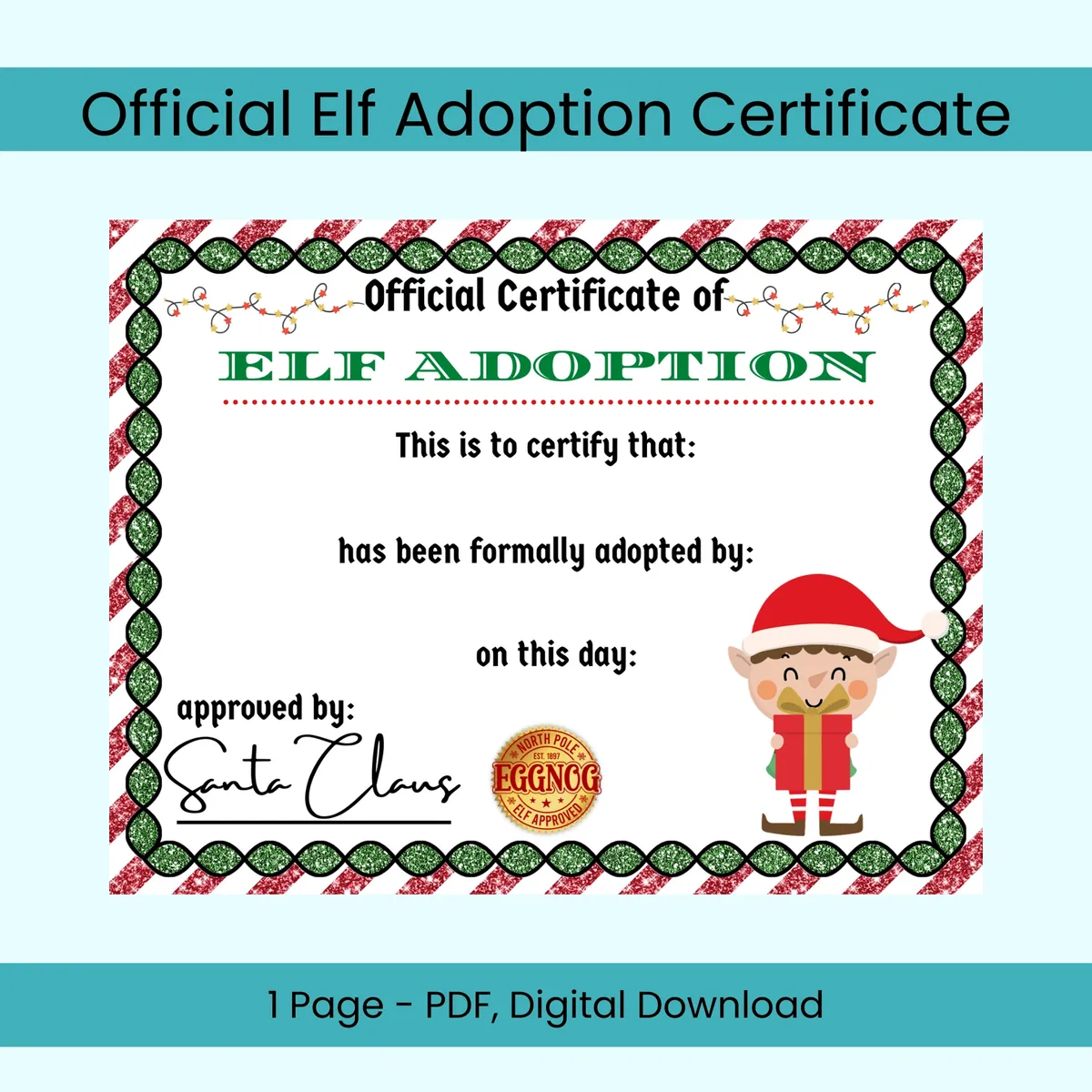 ๐
Official Elf Adoption Certificate | Printable Christmas Keepsake | Party In a PDF | Instant Download