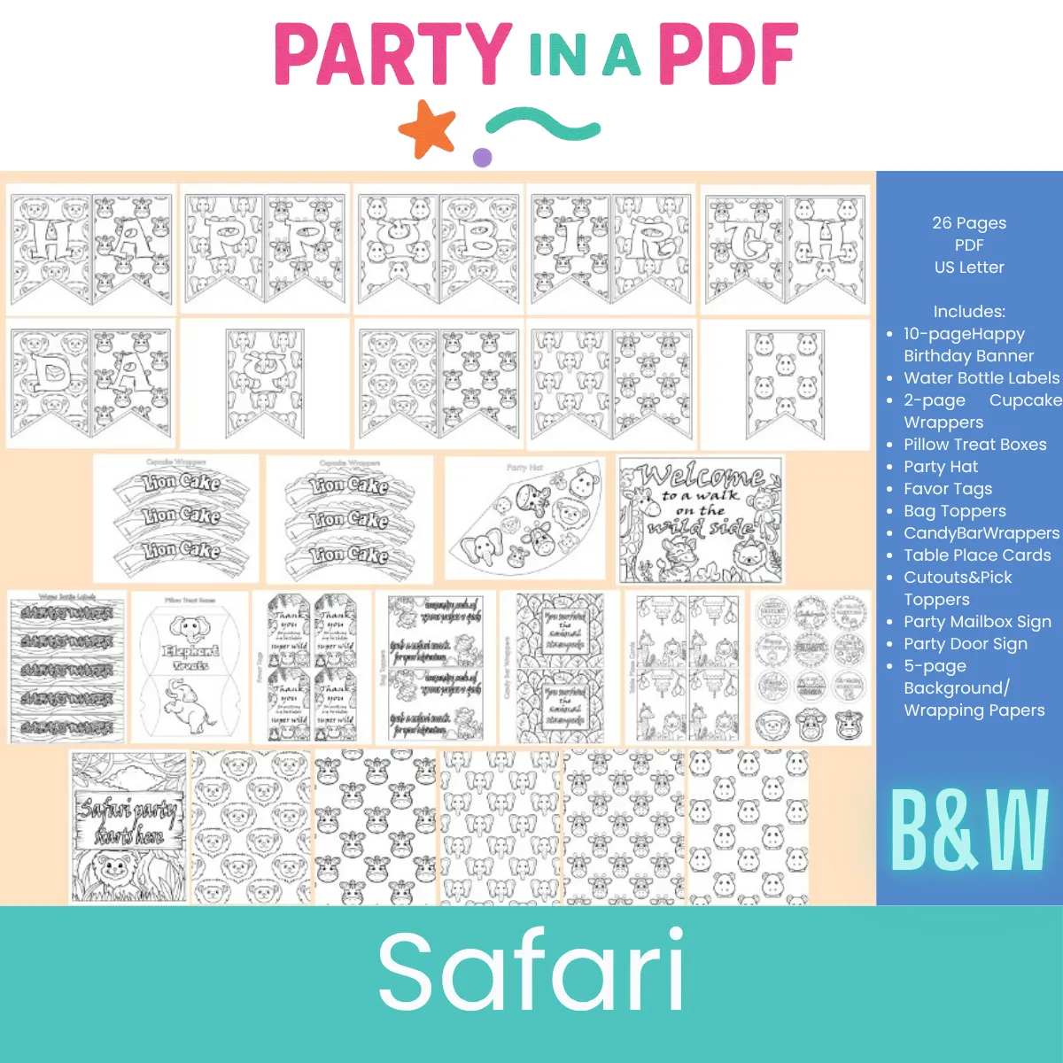 🦁 Safari Birthday Party Pack | Black & White Coloring Edition | Party in a PDF