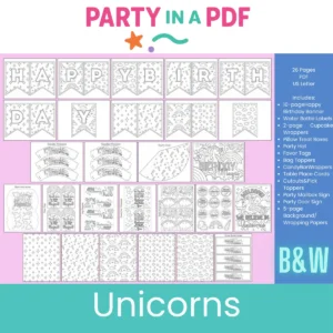 Unicorn Birthday Party Printable Pack – Black and White