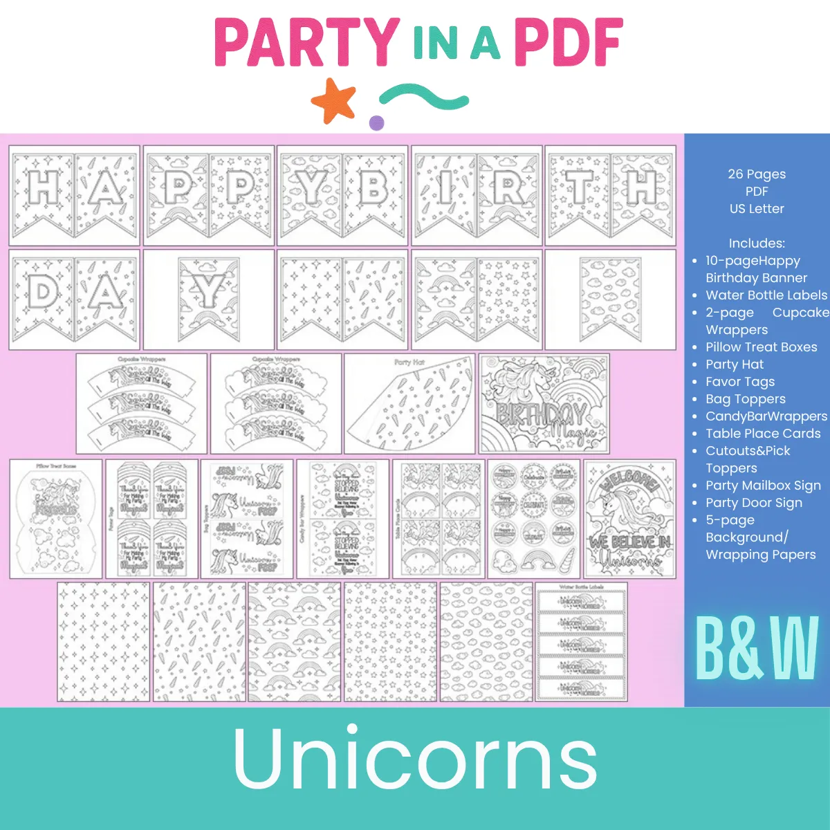 Unicorn Birthday Party Mega Bundle | Color + Black & White Editions | Magical Printable Decorations | Instant Download PDF