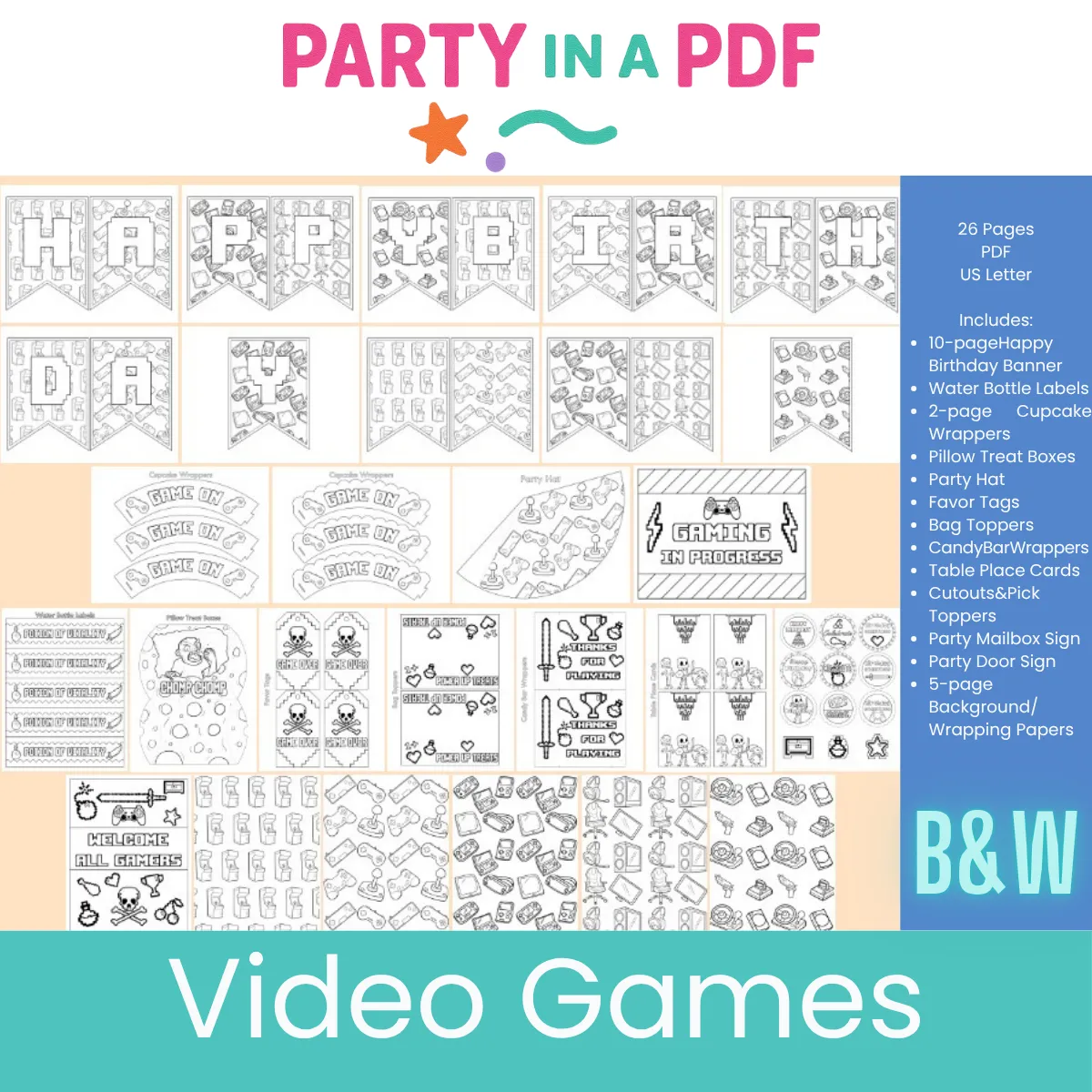 Video Game Birthday Party Mega Bundle | Color + Black & White Editions | Gaming Printable Decorations | Instant Download PDF