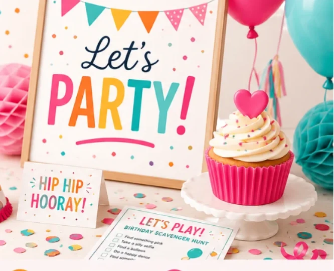 Printable party sign, cupcake and balloons set up for a birthday celebration